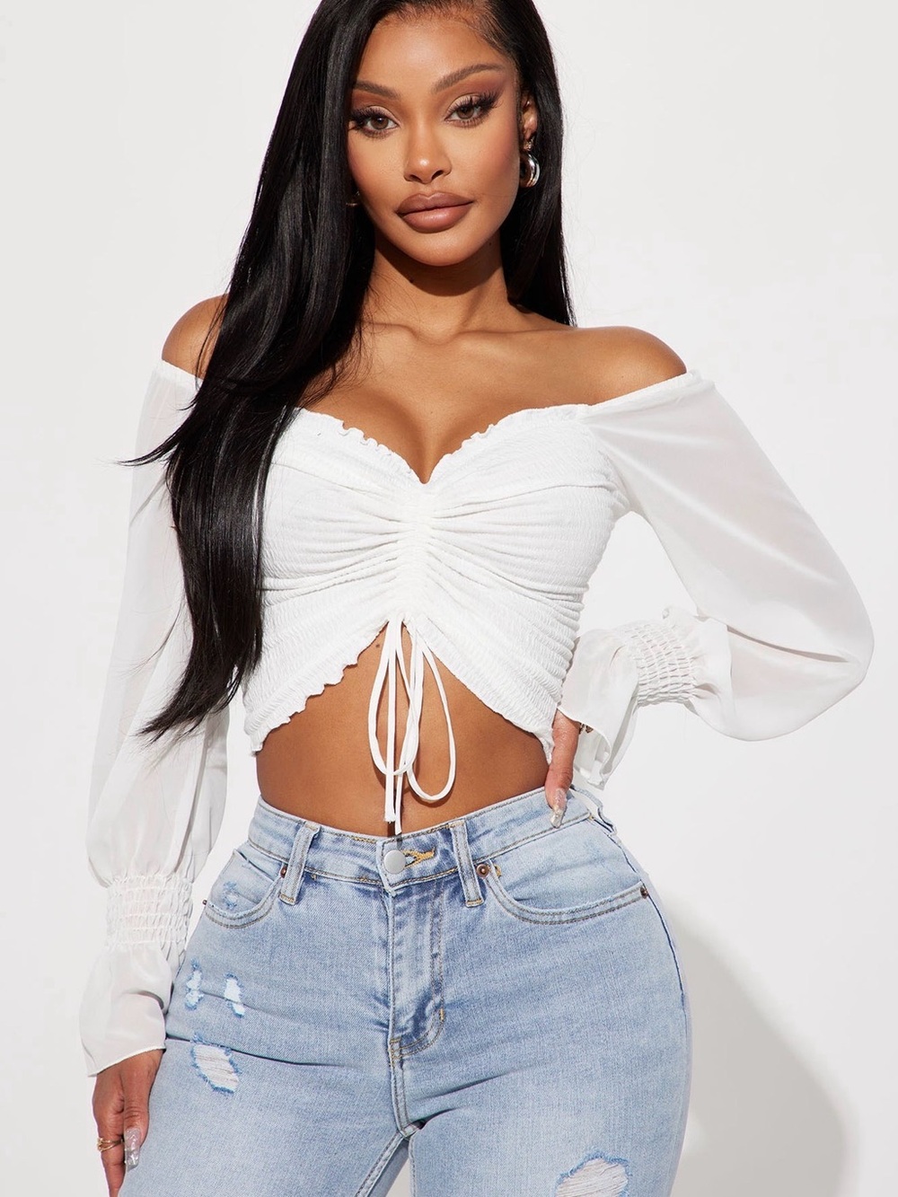 Fashion Nova White Off-Shoulder Ruched Drawstring Crop Top